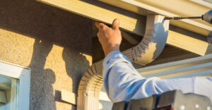 Man installing gutters on a home