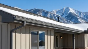 A modern Colorado home with seamless gutters effectively managing a light snowfall.